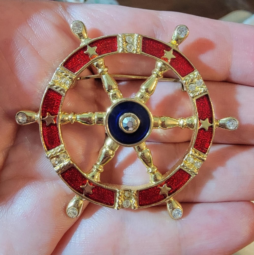 Danecraft Ships Wheel Helm Nautical Enamel Vintage Brooch Pin